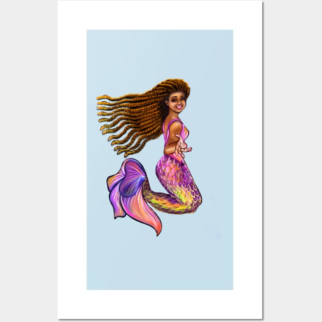 Best mermaid gifts 2022. Mermaid  with rainbow coloured colored fins, braids, outstretched  arm, brown eyes, Curly hair  and caramel brown skin - light background Wall Art by Artonmytee